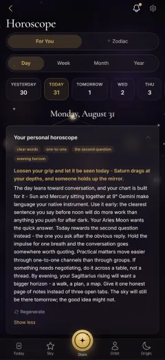 StarBind app, the daily horoscope screen